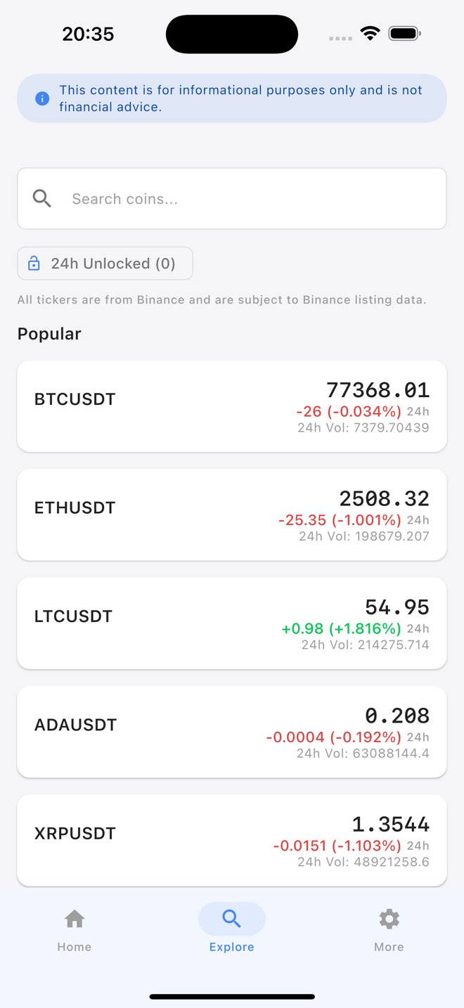 Explore screen with coin search and popular tickers